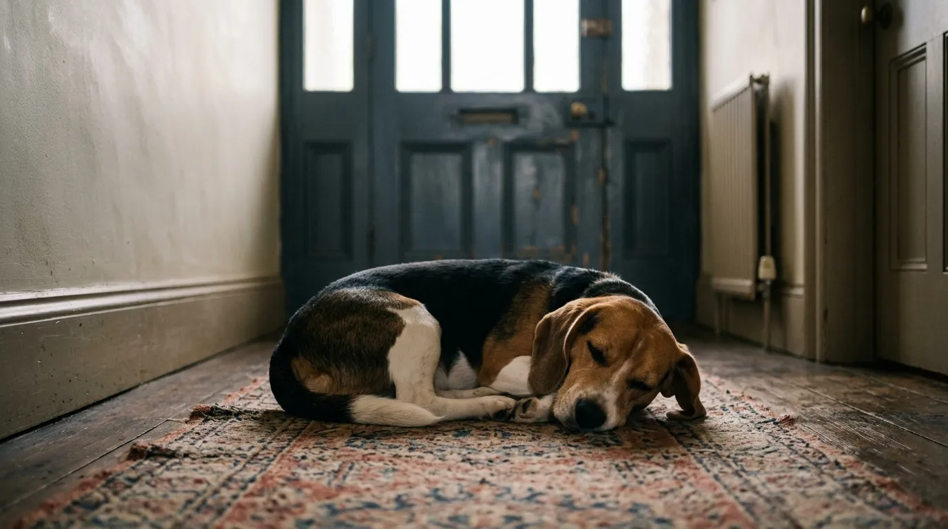 A tricolour Beagle curled on a hall runner inside a front door in the late afternoon.