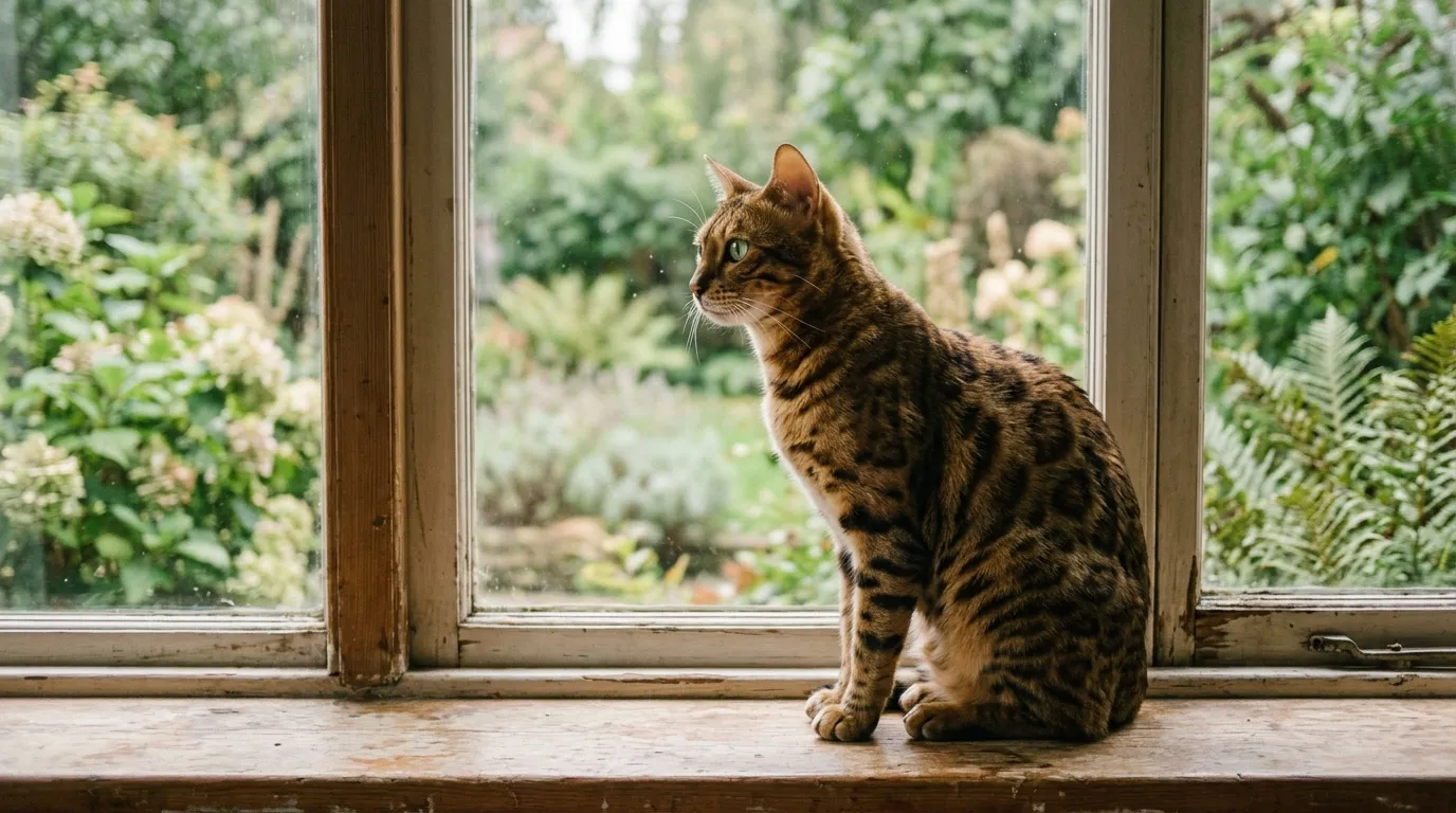 A spotted Bengal cat sitting on a windowsill looking out at a garden.