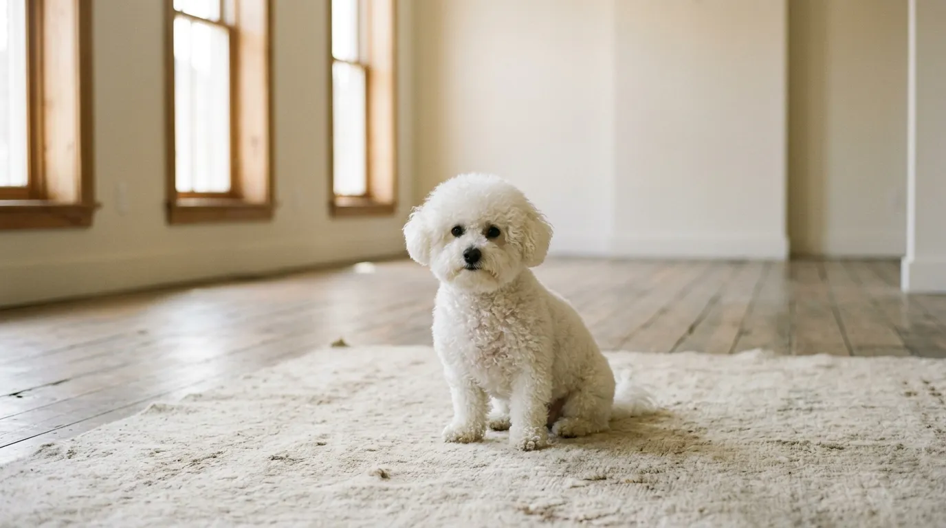 A white Bichon Frise sitting on a pale rug in a bright empty room.