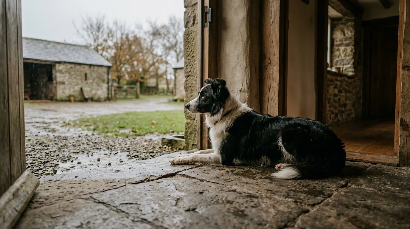 A black and white Border Collie lying in a farmhouse doorway, watching a wet yard.