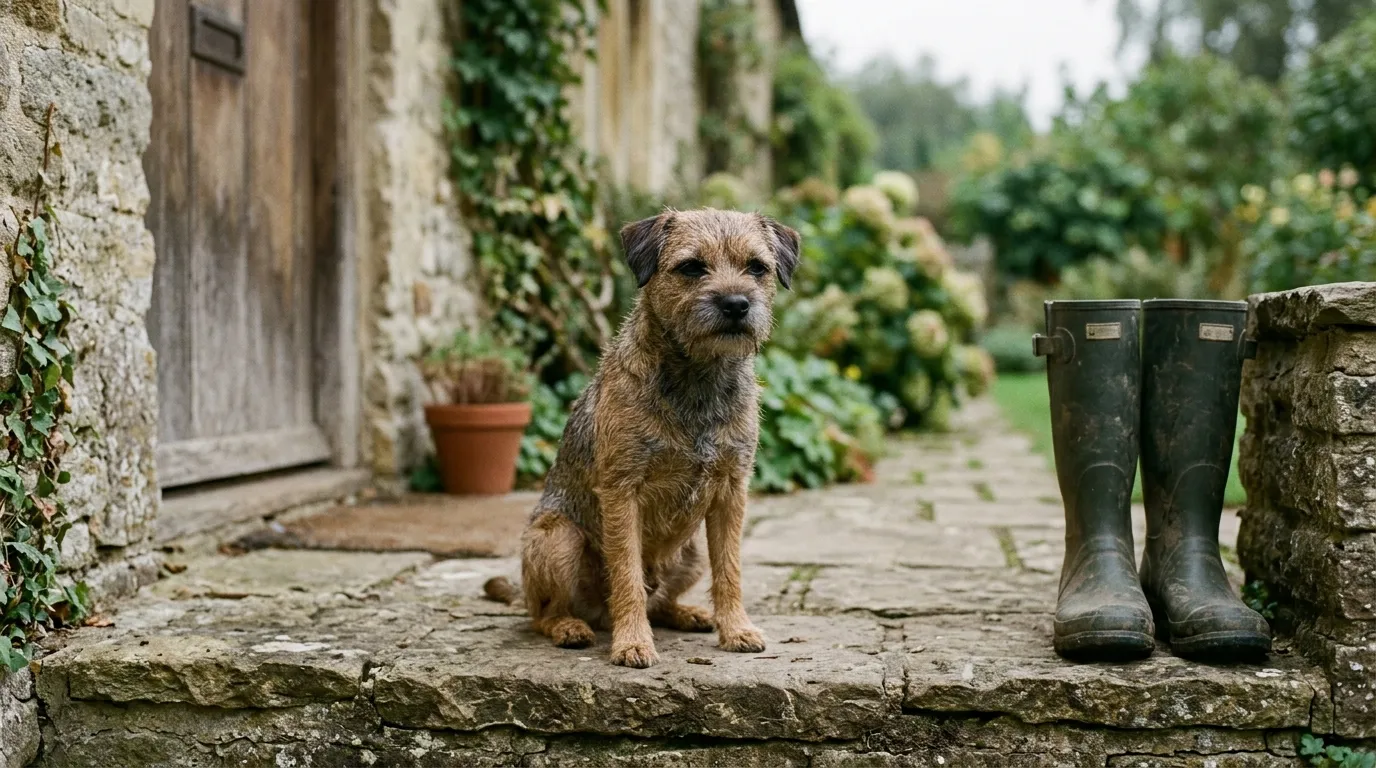 A wiry Border Terrier sitting on a stone back step beside a pair of wellingtons.