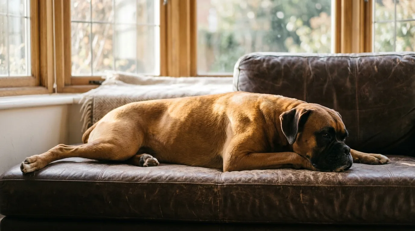 A fawn Boxer stretched along a leather sofa in a sunlit bay window.
