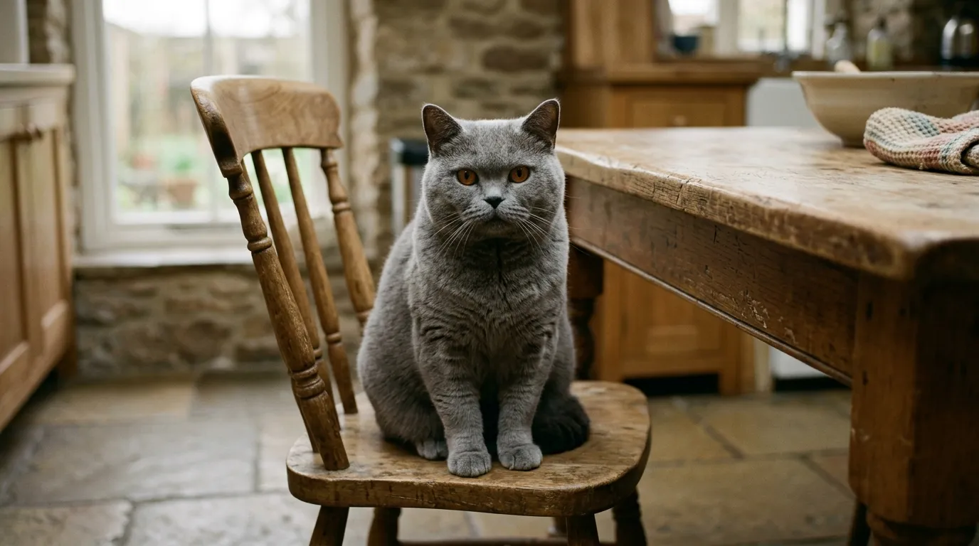 A blue-grey British Shorthair sitting upright on a kitchen chair.