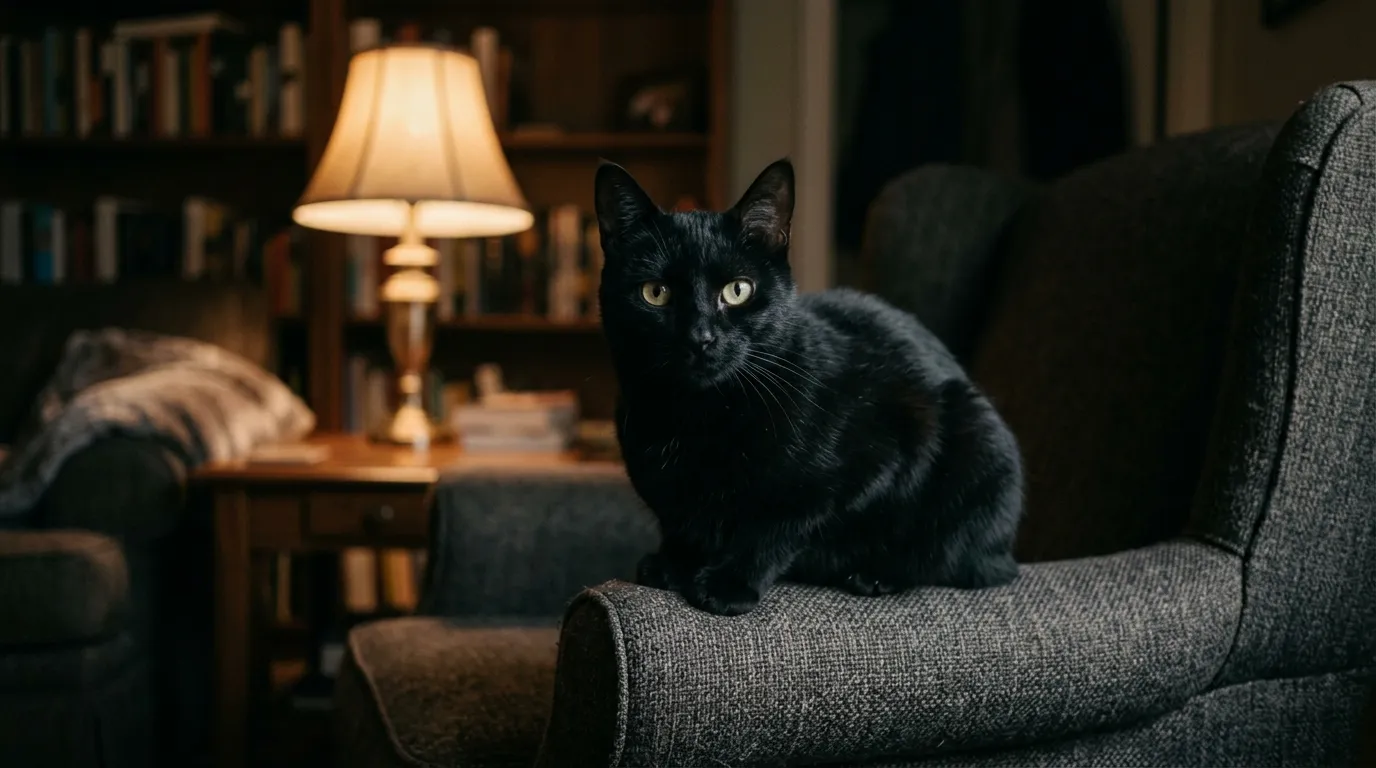A black cat sitting on the arm of a chair in a dim lamplit room.