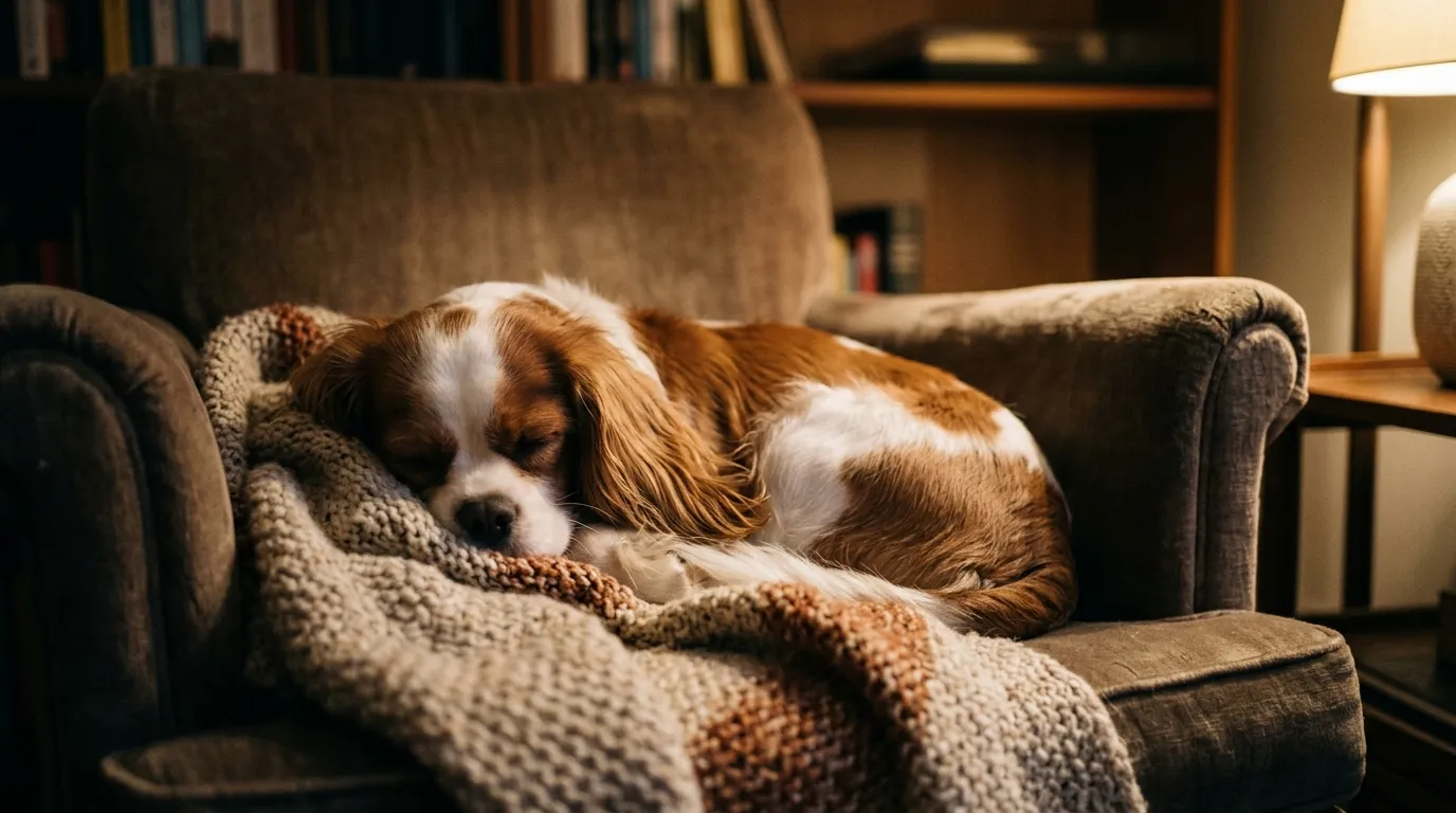 A chestnut and white Cavalier King Charles Spaniel curled in an armchair by lamplight.