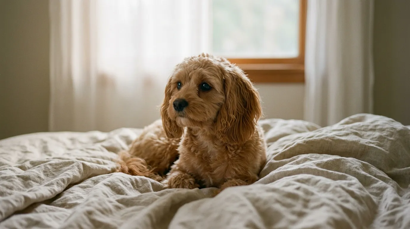 A small apricot Cavapoo sitting on crumpled bed linen in soft morning light.