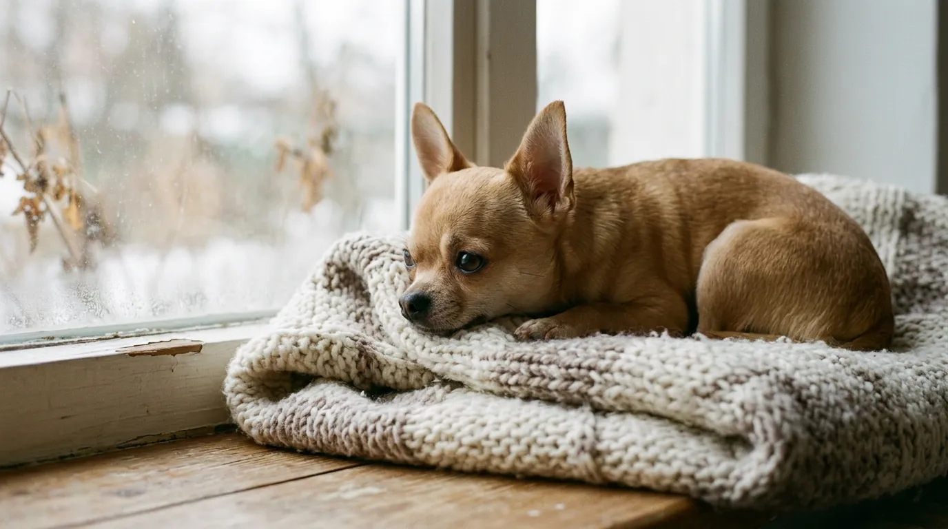 A tiny fawn Chihuahua curled inside a knitted blanket on a windowsill.