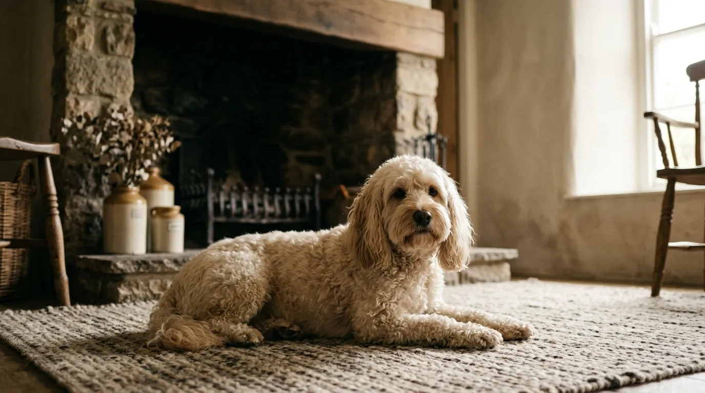 A cream Cockapoo lying on a rug in front of an unlit fireplace.