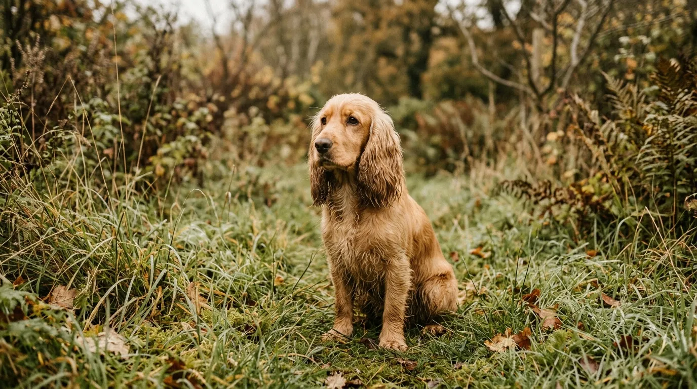 A golden Cocker Spaniel sitting in long wet grass on an autumn morning.