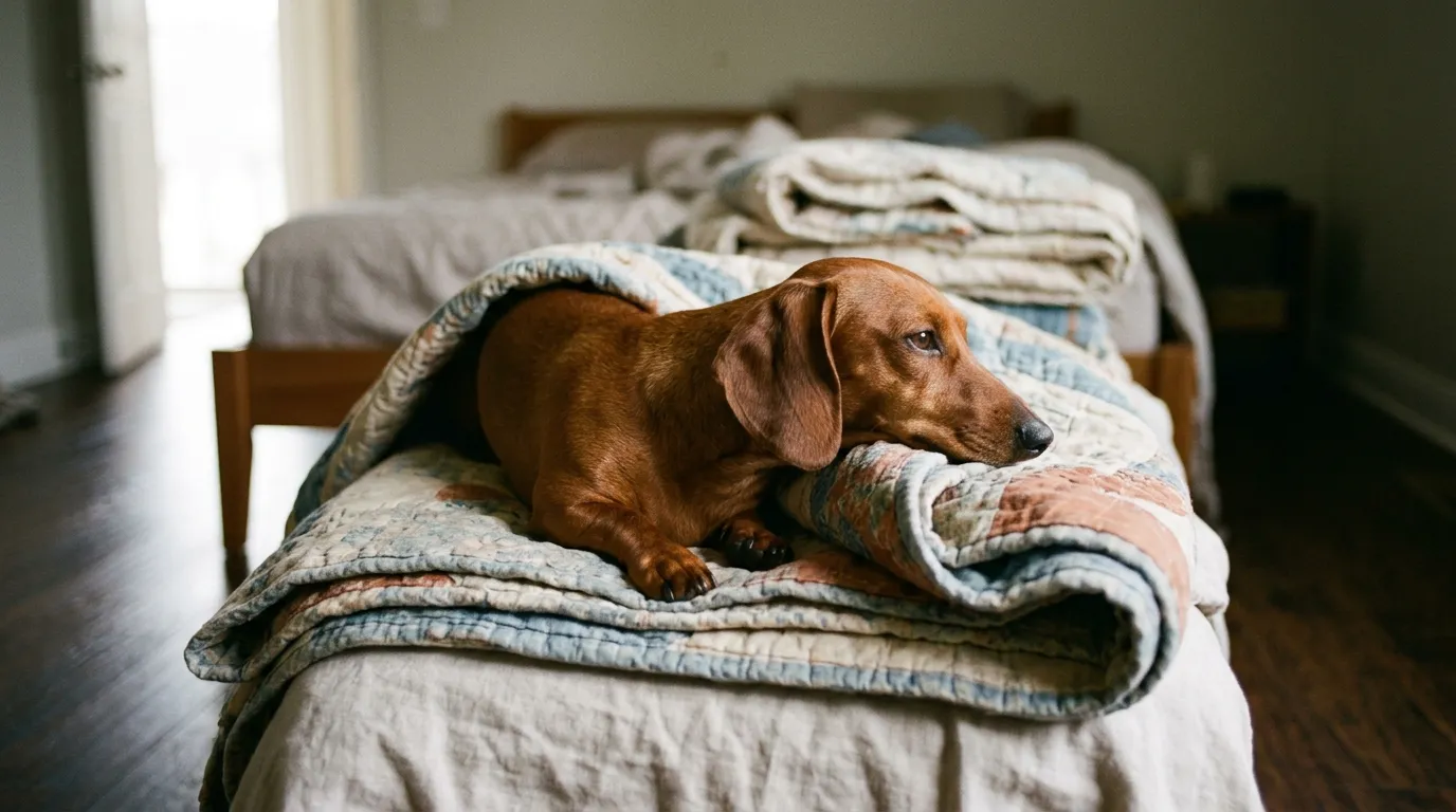 A red Dachshund lying half under a quilt at the foot of a bed.