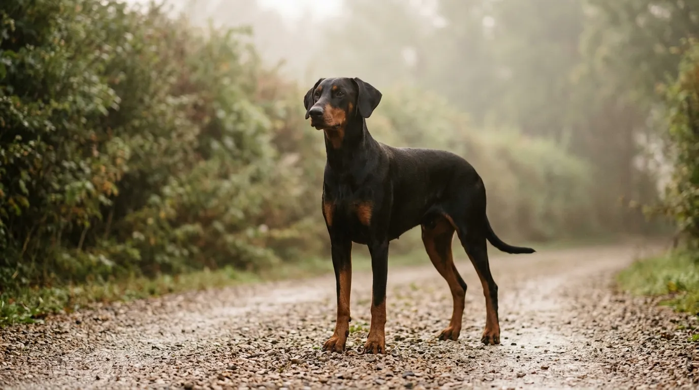 A black and tan Dobermann standing quietly on a gravel drive in early mist.