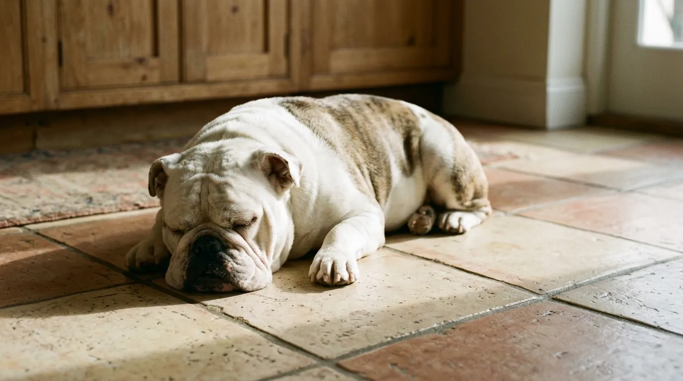 A white and brindle English Bulldog asleep on a tiled kitchen floor in the sun.