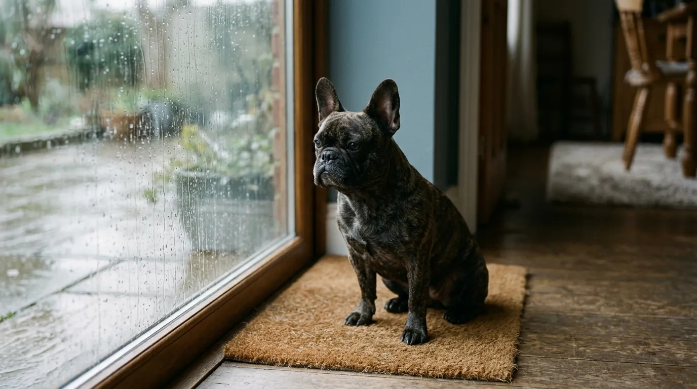 A brindle French Bulldog sitting on a doormat by a rain-streaked glass door.