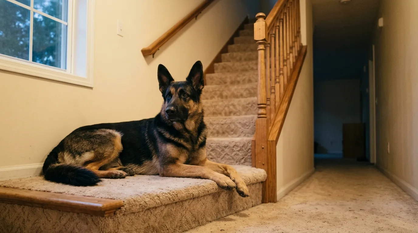 A black and tan German Shepherd lying at the top of a carpeted staircase.
