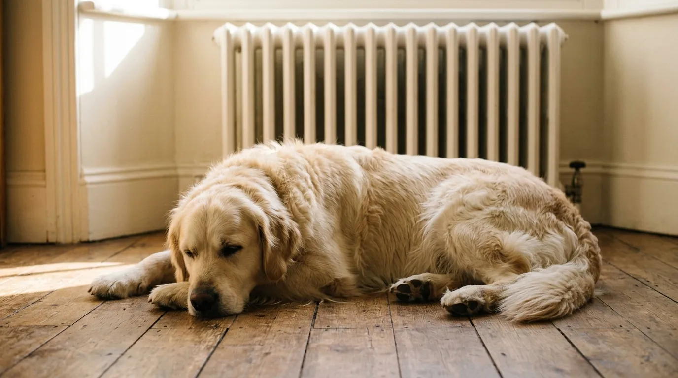 A Golden Retriever lying on floorboards in a pool of low winter sun.