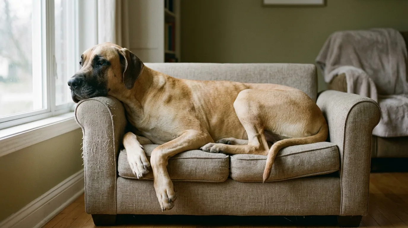 A fawn Great Dane resting its head on the arm of a sofa too small for it.