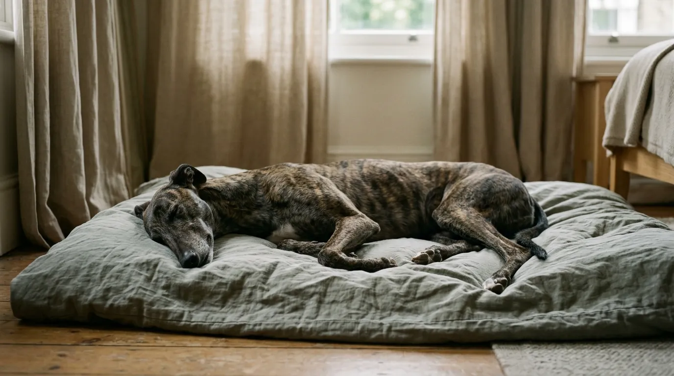 A brindle Greyhound asleep on its side on a duvet with the curtains half drawn.