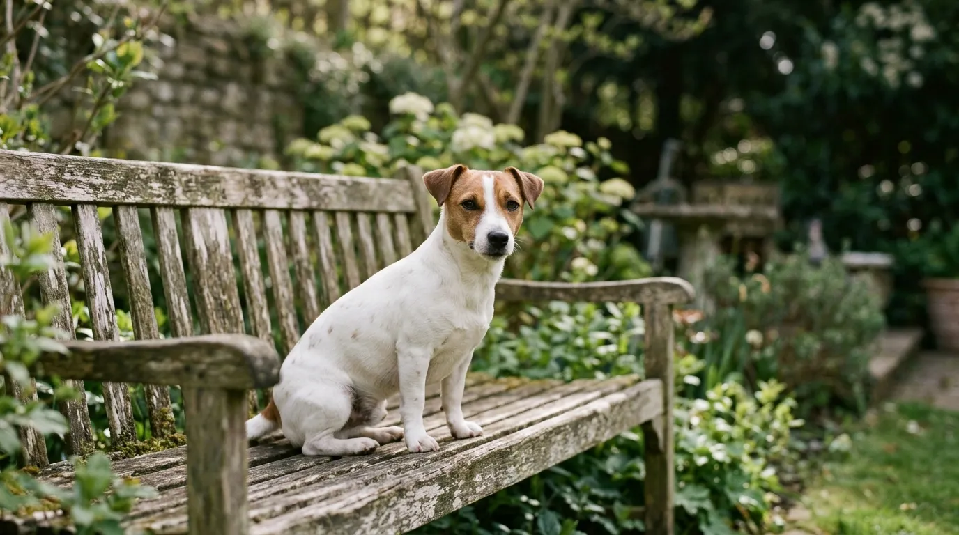 A white and tan Jack Russell sitting on a garden bench in weak spring sun.