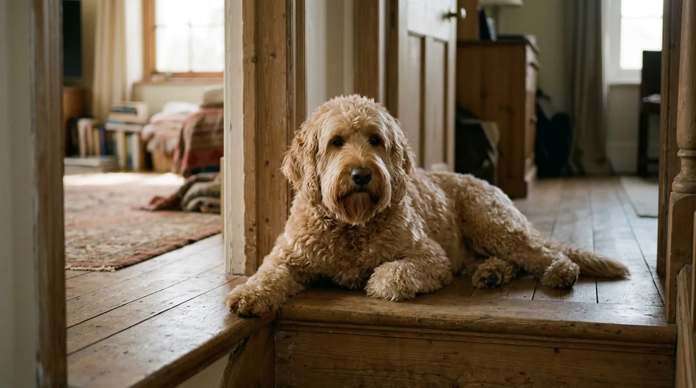 A shaggy apricot Labradoodle lying across a doorway between two rooms.