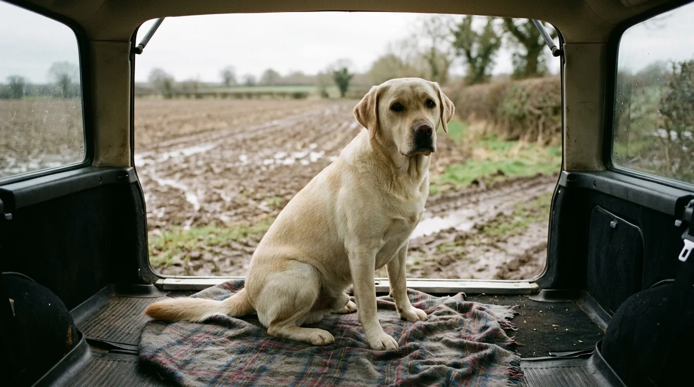 A yellow Labrador sitting on a blanket in the open back of an estate car.