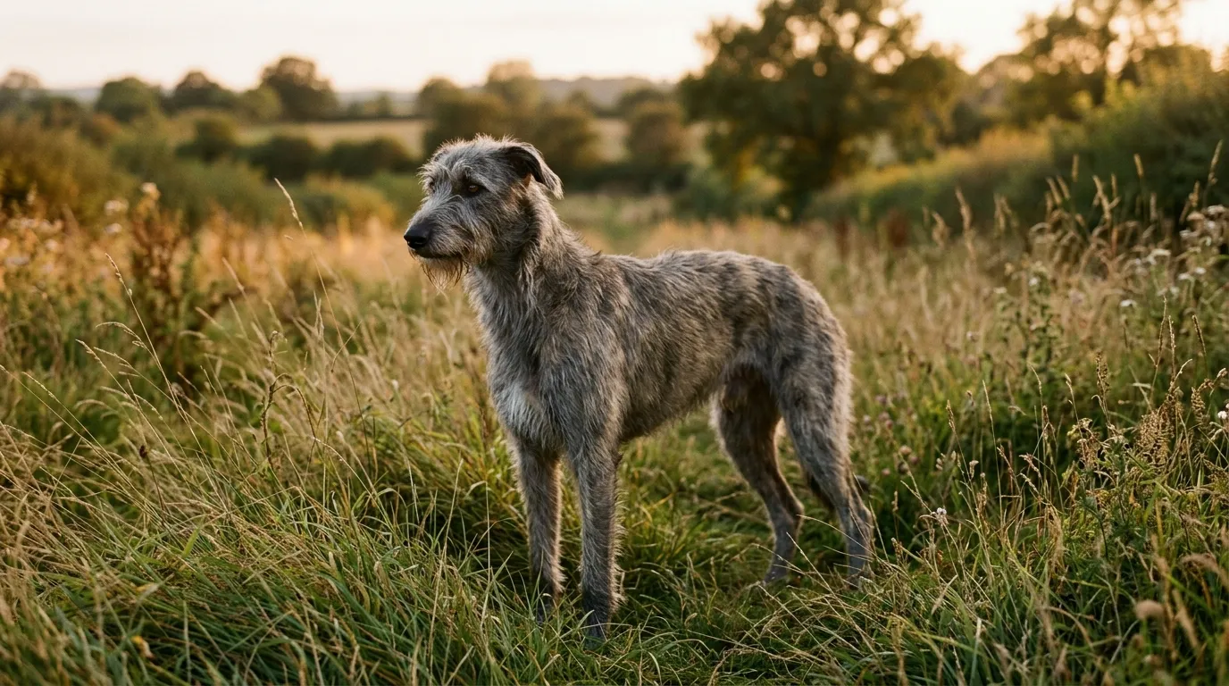 A rough-coated grey Lurcher standing in long grass in golden evening light.