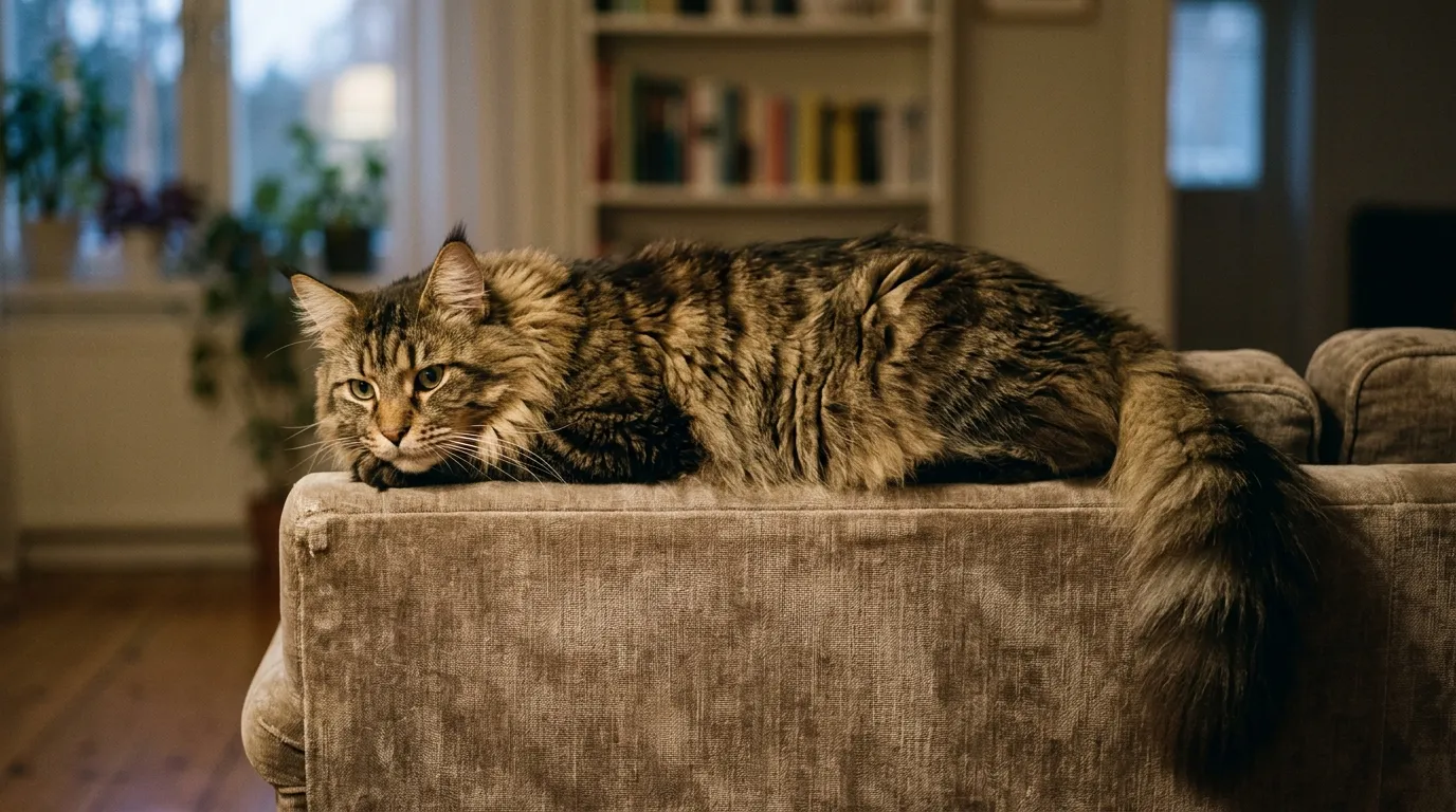 A large brown tabby Maine Coon lying along the back of a sofa.