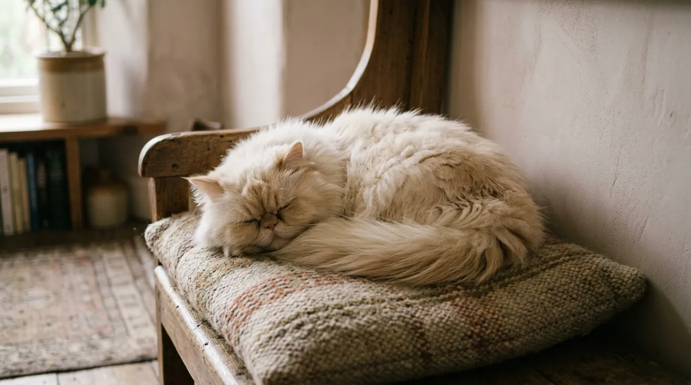 A cream Persian cat curled on a cushion in a quiet corner.