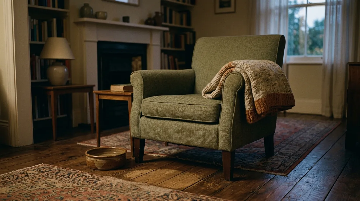 An empty armchair with a folded blanket, and an empty water bowl on the floor beside it.