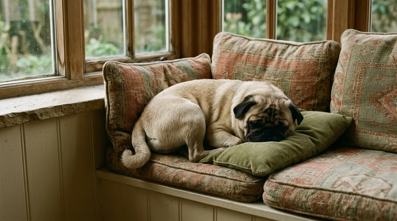 A fawn Pug asleep in a nest of cushions on a window seat.