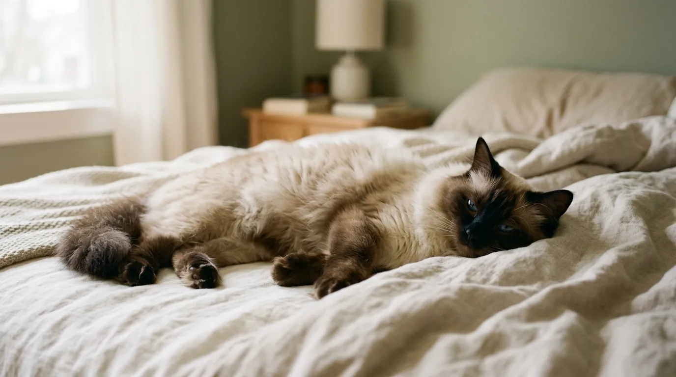 A seal-point Ragdoll cat lying on its side on a bed in afternoon light.