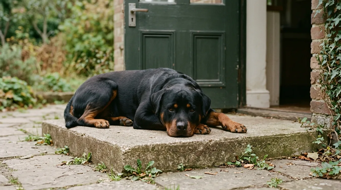 A black and tan Rottweiler lying on a concrete step outside a back door.