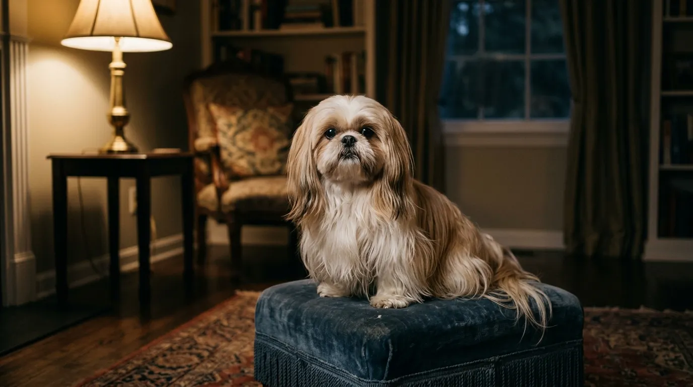 A gold and white Shih Tzu sitting on a velvet footstool in a dim sitting room.