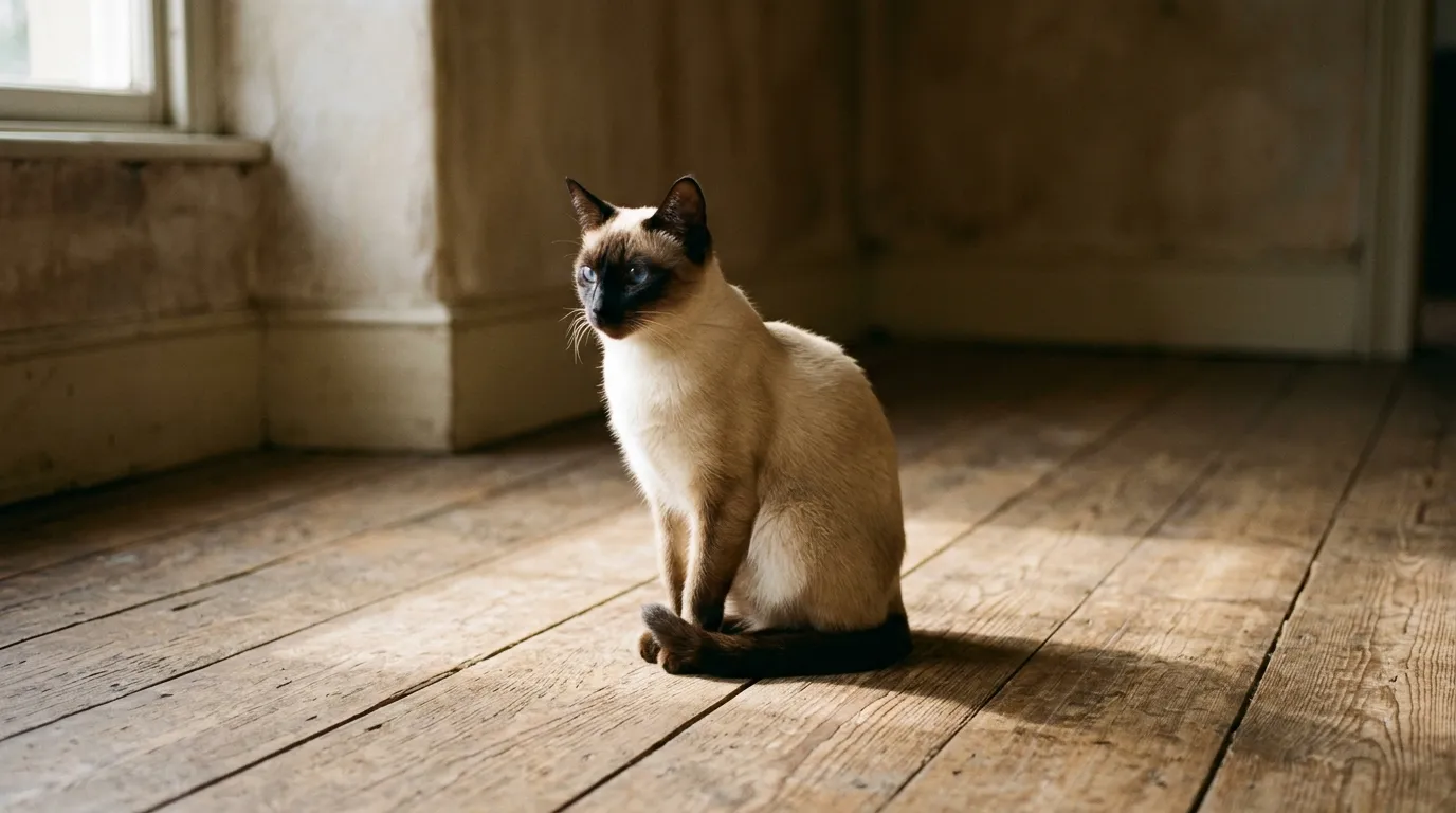 A seal-point Siamese cat sitting on floorboards in a shaft of low sun.