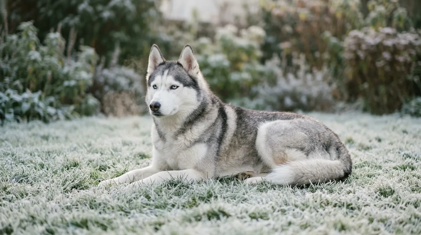 A grey and white Siberian Husky lying on frosted grass at first light.