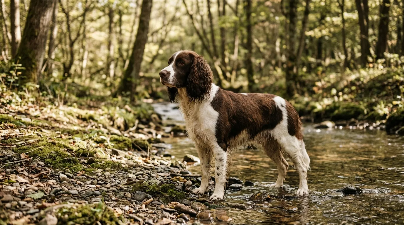 A liver and white Springer Spaniel standing at the edge of a shallow stream.