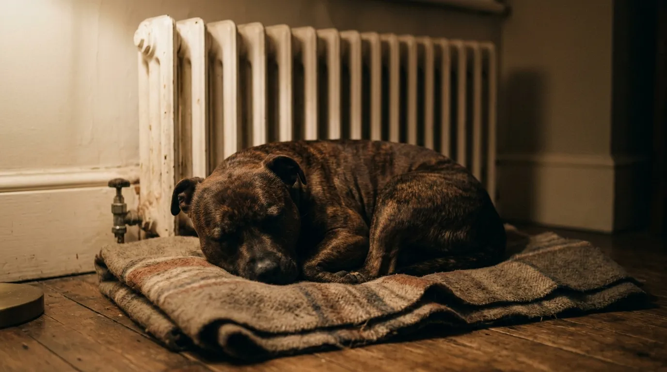 A brindle Staffordshire Bull Terrier curled on a blanket in front of a radiator.