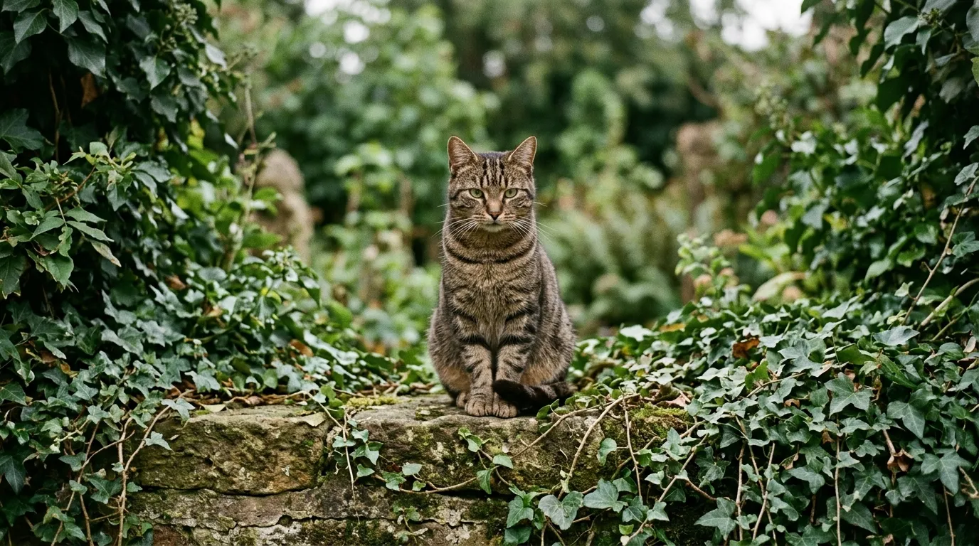 A brown tabby cat sitting on an ivy-covered garden wall.