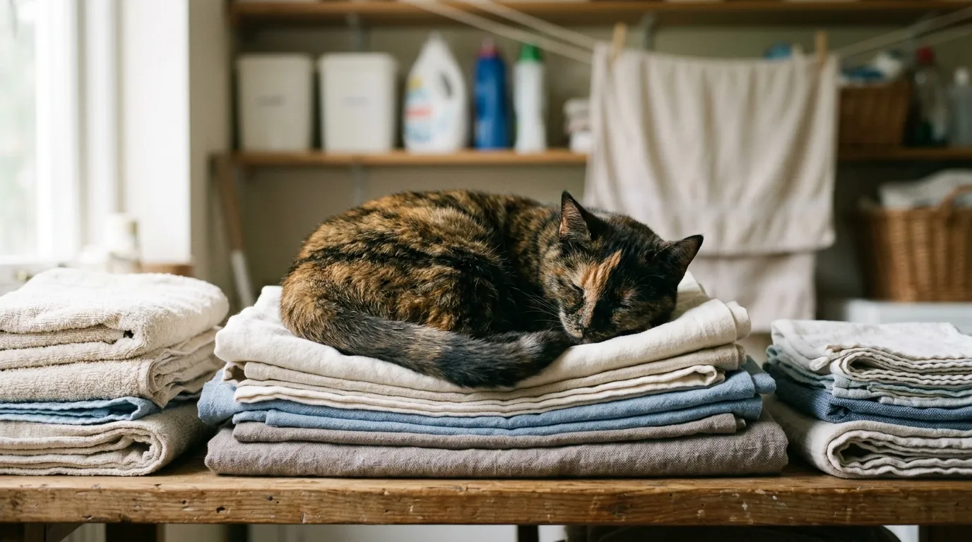 A tortoiseshell cat asleep curled on a stack of folded washing.