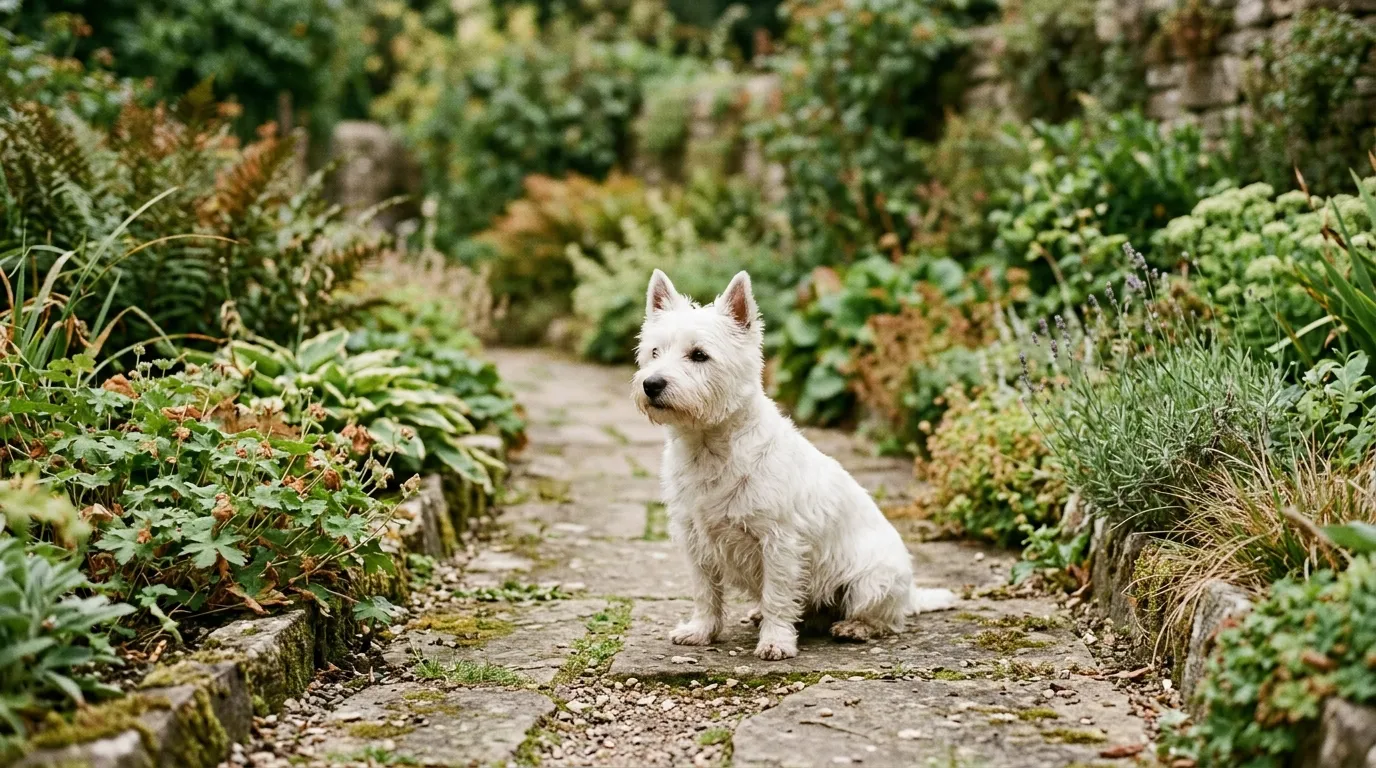 A white West Highland Terrier sitting on a garden path between low borders.