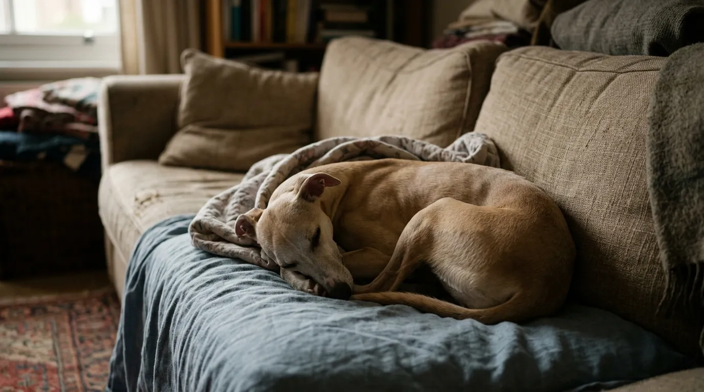A fawn Whippet curled into a tight circle in the corner of a sofa.
