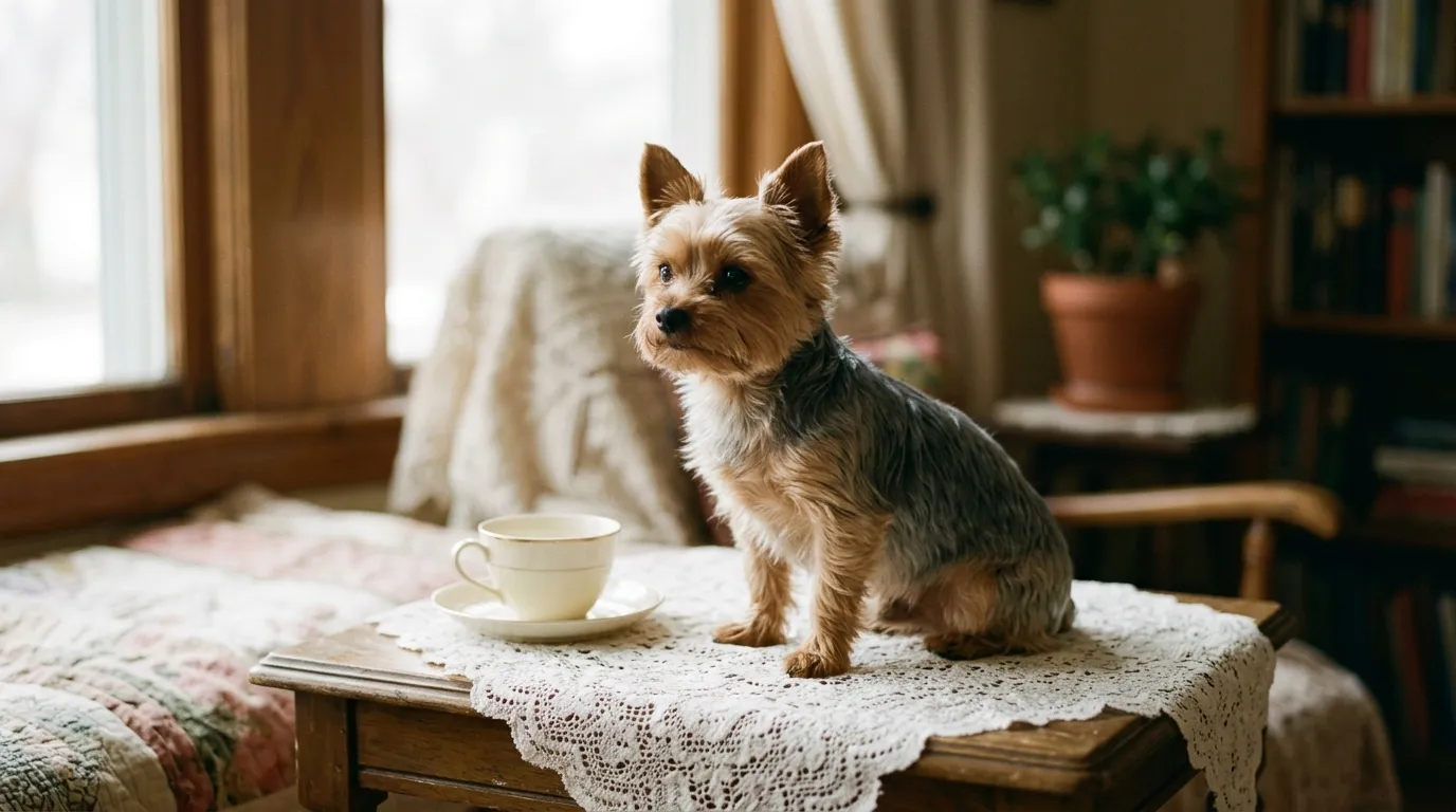 A Yorkshire Terrier sitting on a lace-covered side table beside an empty teacup.