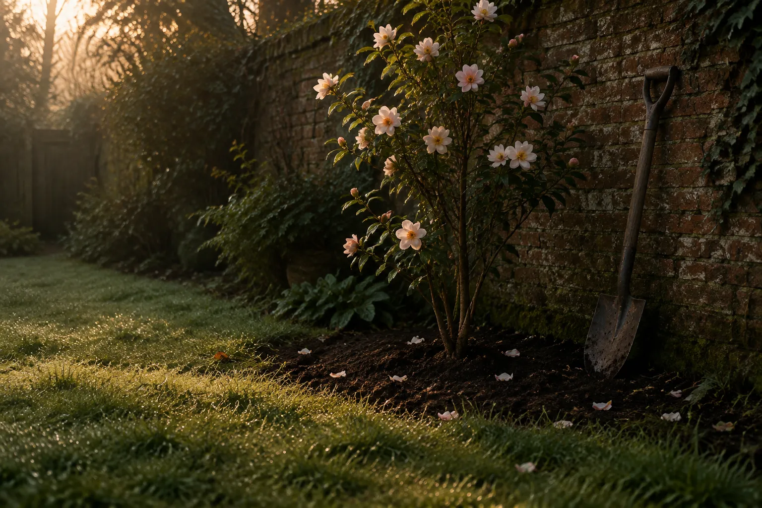 A small patch of freshly turned earth beneath a shrub in a quiet garden corner, a spade leaning on the wall.