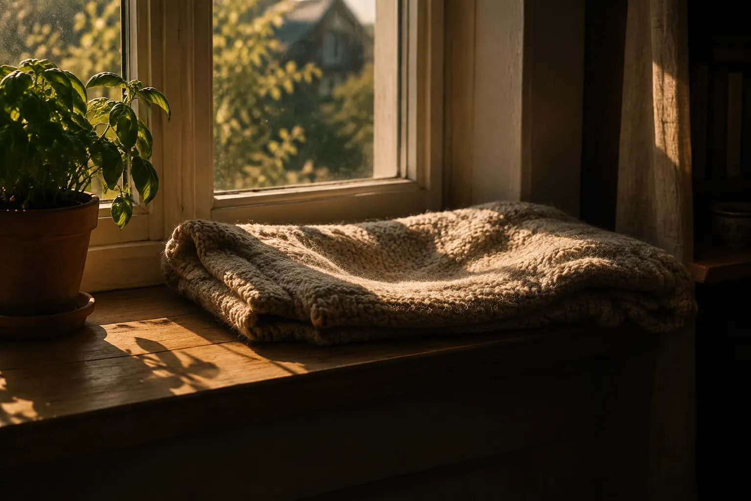 An empty folded blanket on a sunny windowsill, still holding the hollow where a cat used to sleep.