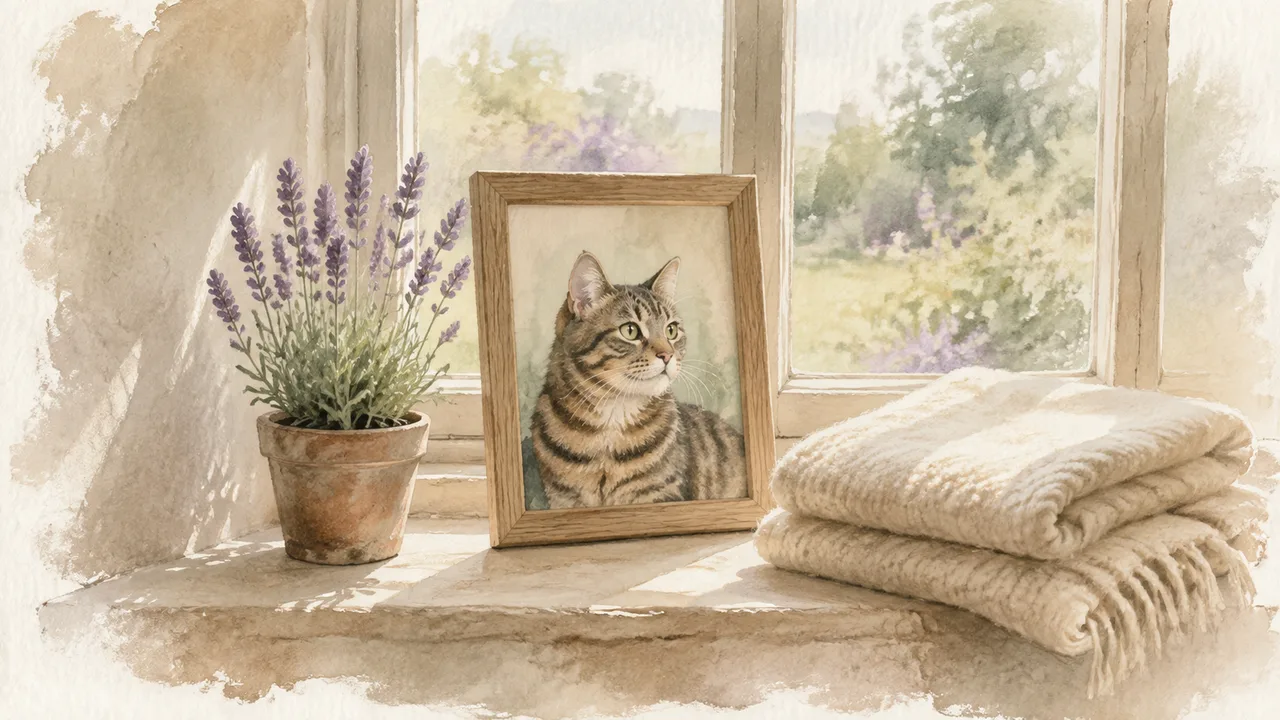 Watercolour illustration of a framed tabby cat portrait, lavender and a folded blanket on a windowsill.