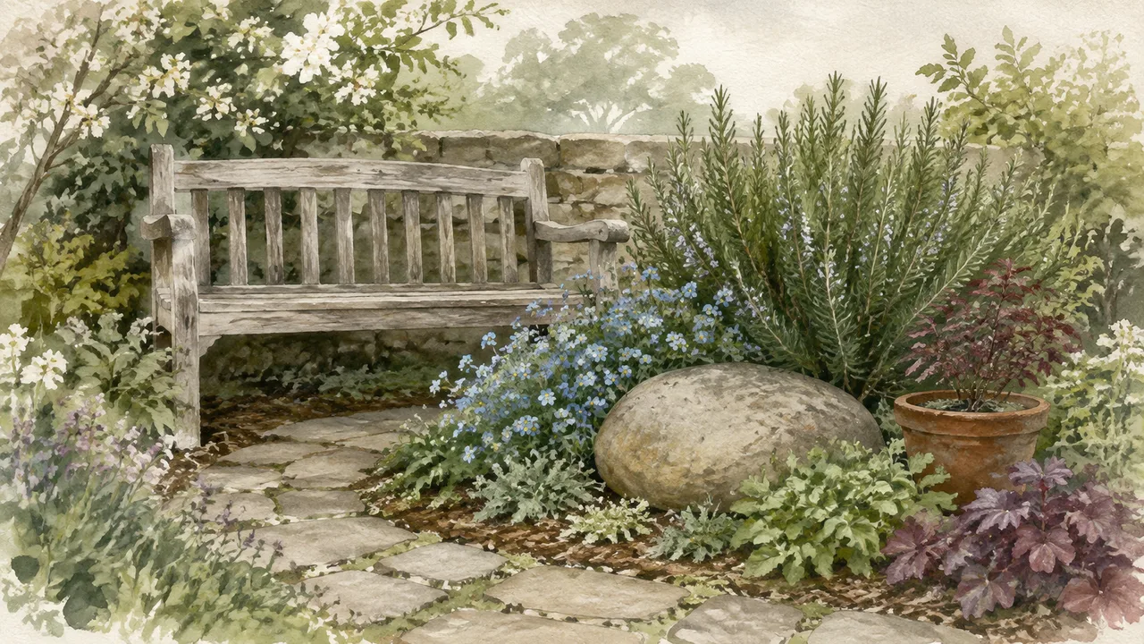 Watercolour illustration of a quiet garden bench, rosemary, forget-me-nots and a plain remembrance stone.