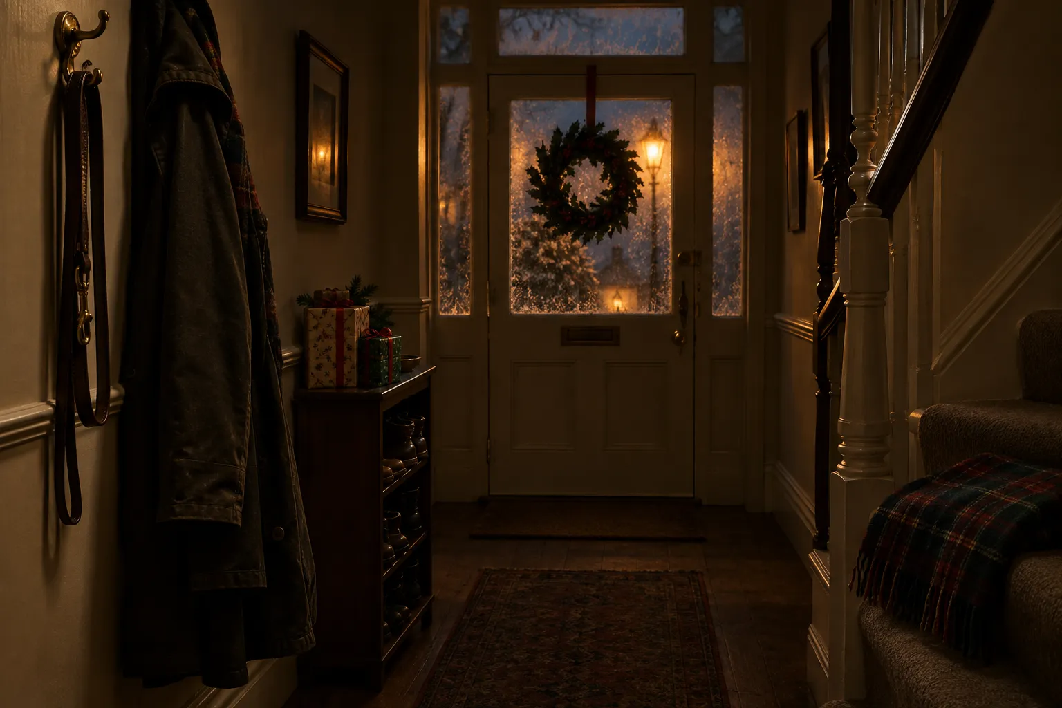 A dog's leather lead hanging on a coat hook in a hallway beside a winter coat, a wreath on the front door behind. AI-made illustration.