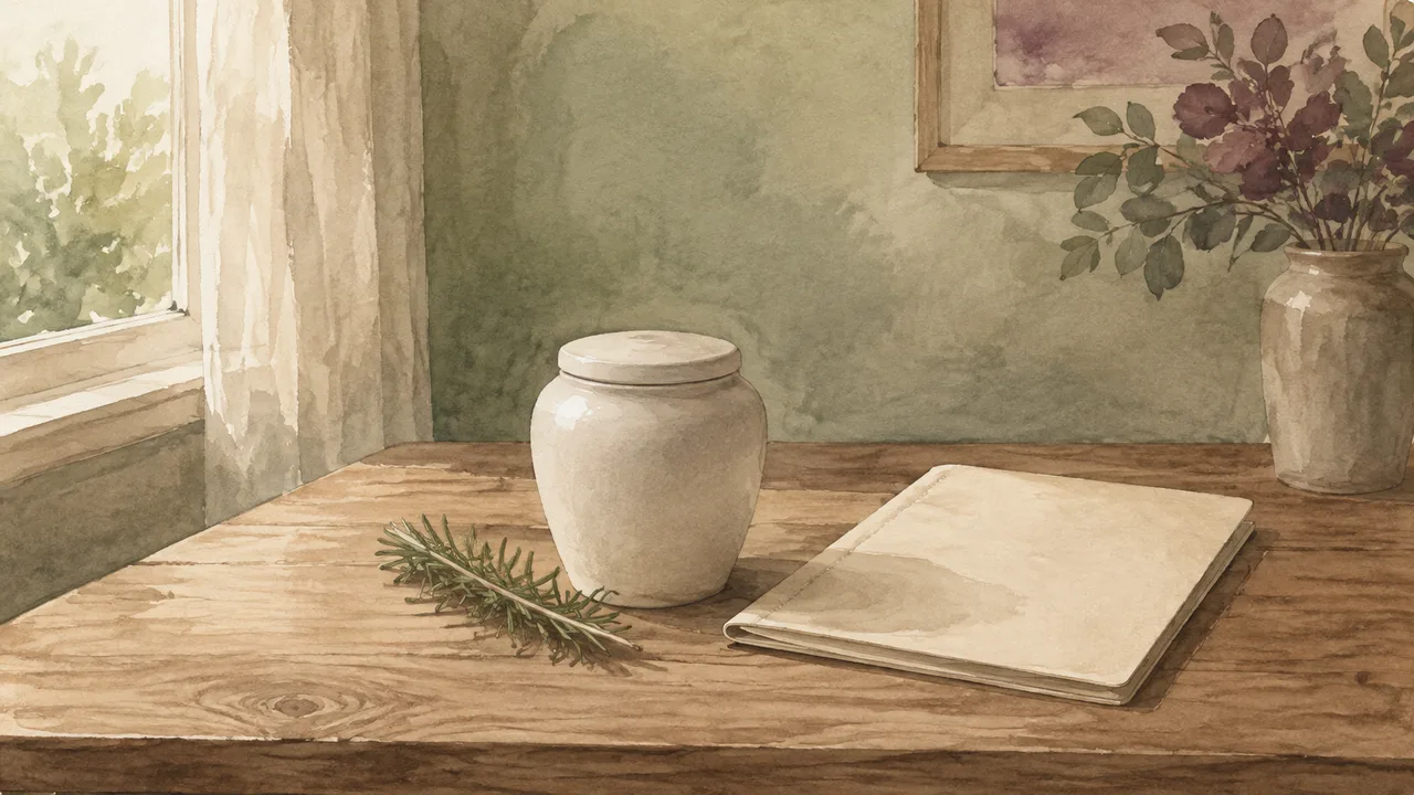 Watercolour illustration of a plain ceramic urn, rosemary and an information folder beside a window.