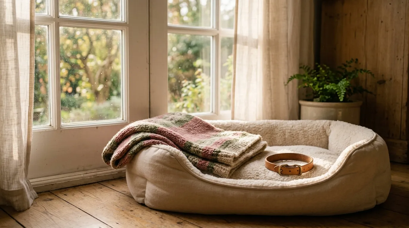 An empty dog bed by a window with a folded blanket and collar, soft afternoon light.