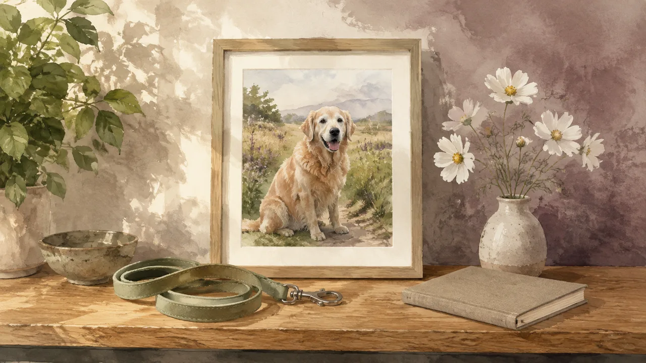 Watercolour illustration of a dog portrait, a folded lead, flowers and a notebook on a memory shelf.