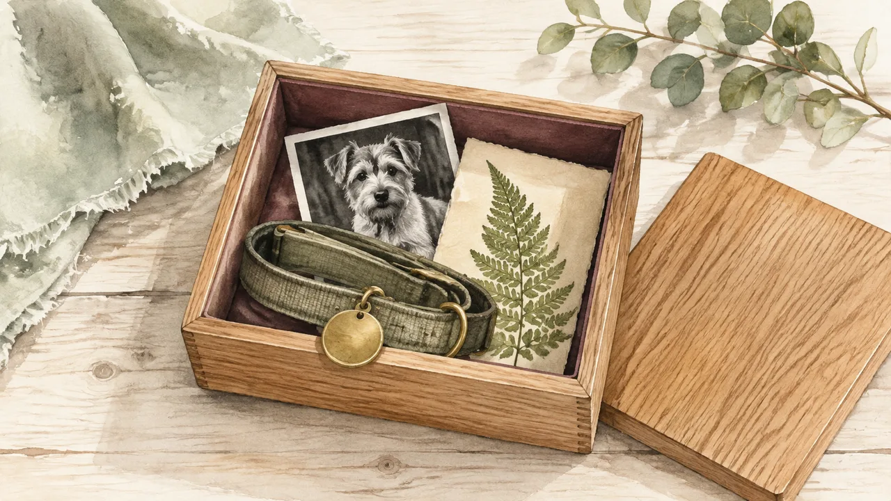 Watercolour illustration of a wooden memory box holding a dog collar, a photograph and a pressed fern.